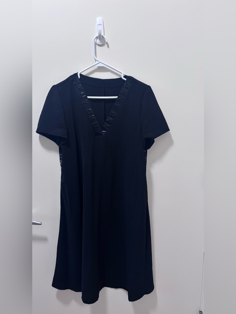 DKNY Black Short Sleeve V-Neck Dress with Logo Trim